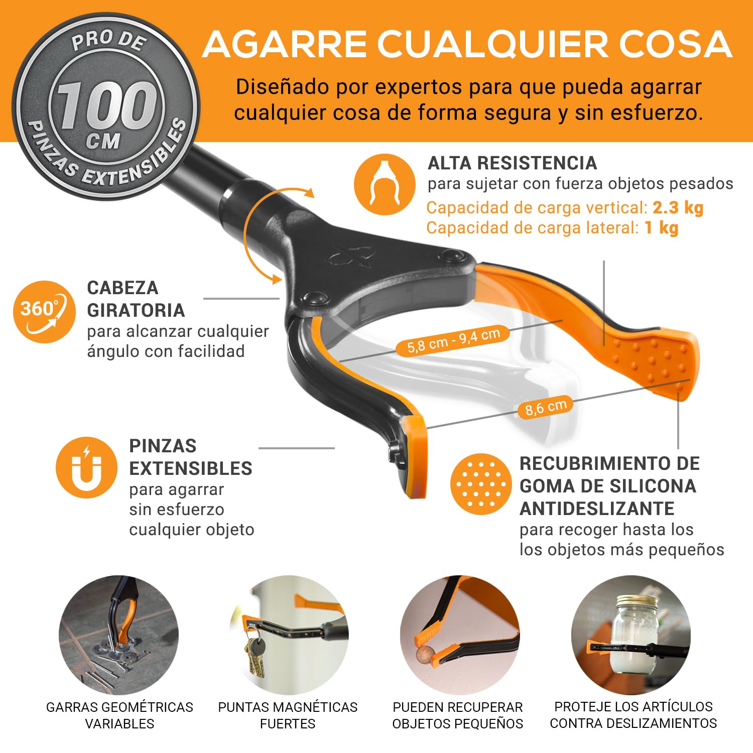 EZPIK® Pinzas Recoge Objetos 100 cm - Pinzas Extensibles para Personas Mayores - Palo con Imán Telescópico para Minusválidos y Ancianos - Pinza Recoger Basura y Fruta [Color Negro, Pack 2]