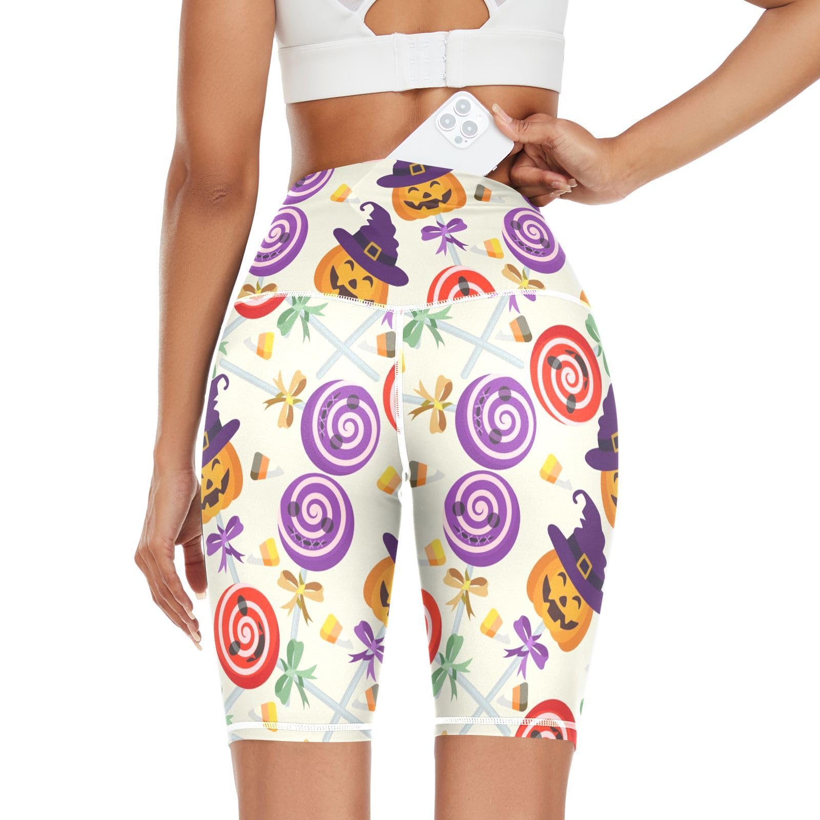 Linomo Women's High Waist Yoga Shorts, Halloween Pumpkin Lollipop Workout Running Shorts Gym Cycling Shorts Yoga Leggings for Women Girls Multicoloured