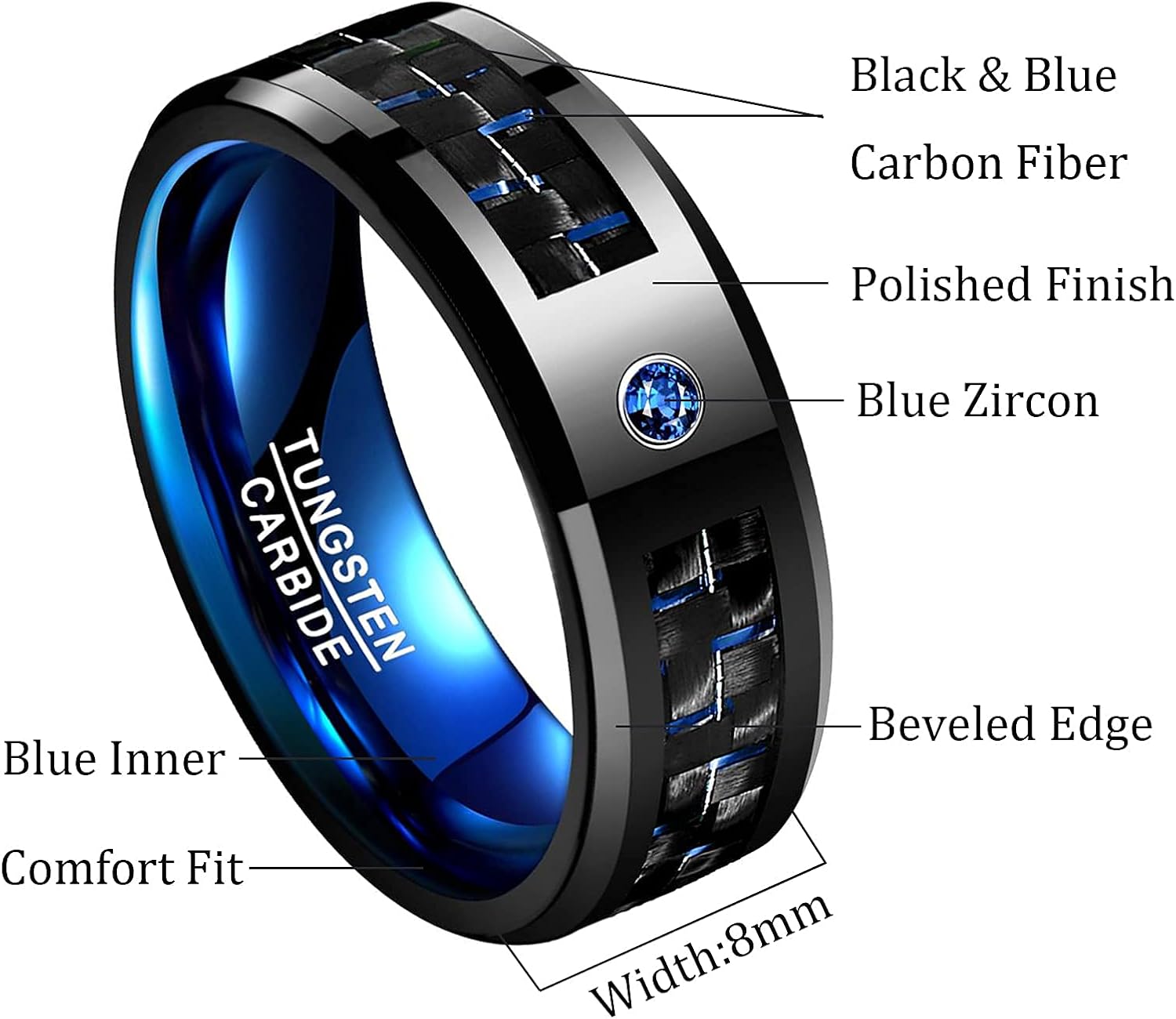 Tungsten Carbide Rings with CZ Inlay Carbon Fiber Wedding Band Mens Rings Engagement Promise Rings Polished Finish Blue/Red/Green Comfort Fit Size 6-15