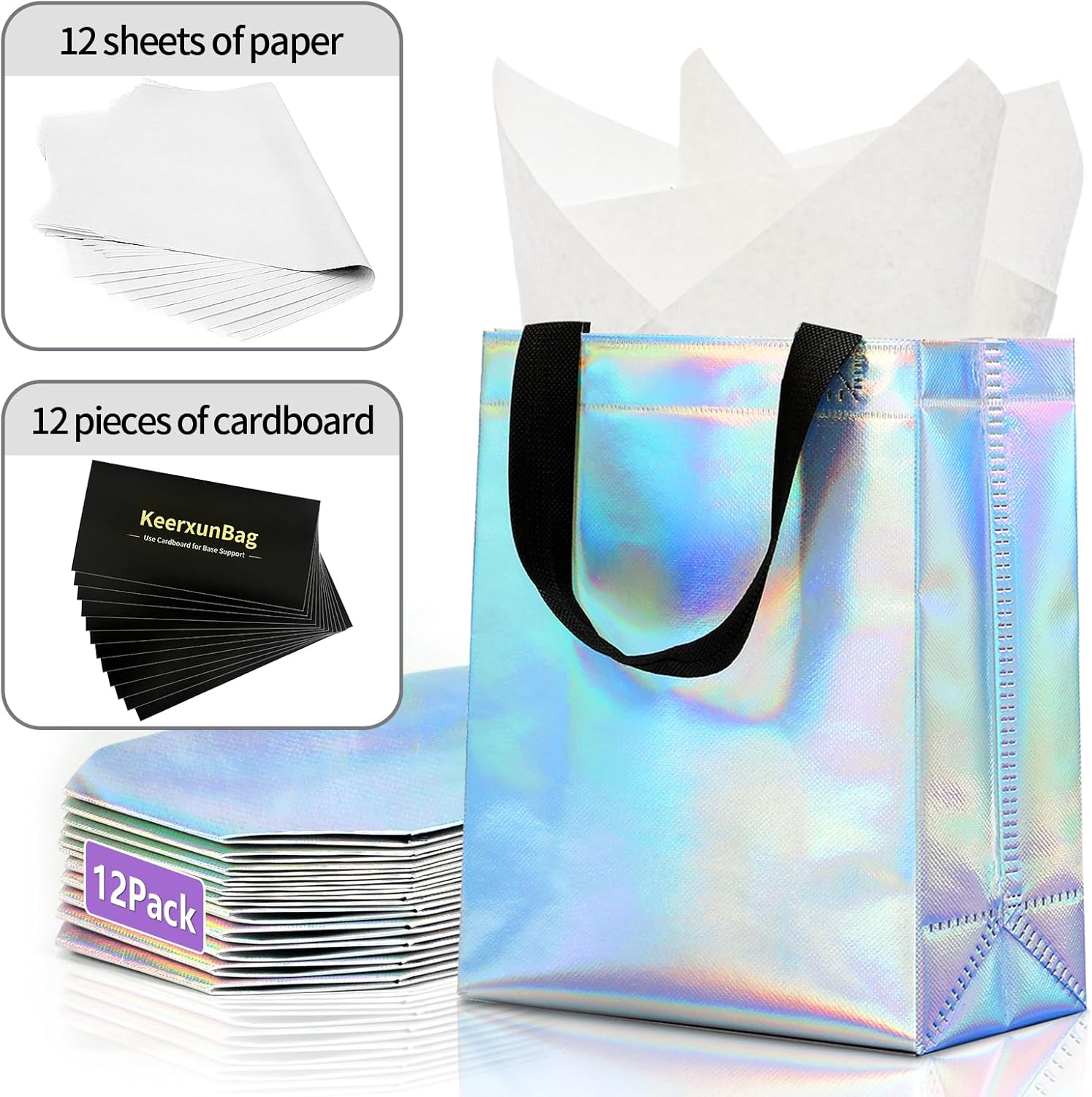 KeerxunBag 12pcs Reusable Gift Bags（Includes Tissue Paper） Gift bag with handle Birthdays Parties Holidays Weddings Medium 10x4x8in rainbow Gift Bags - Image 4