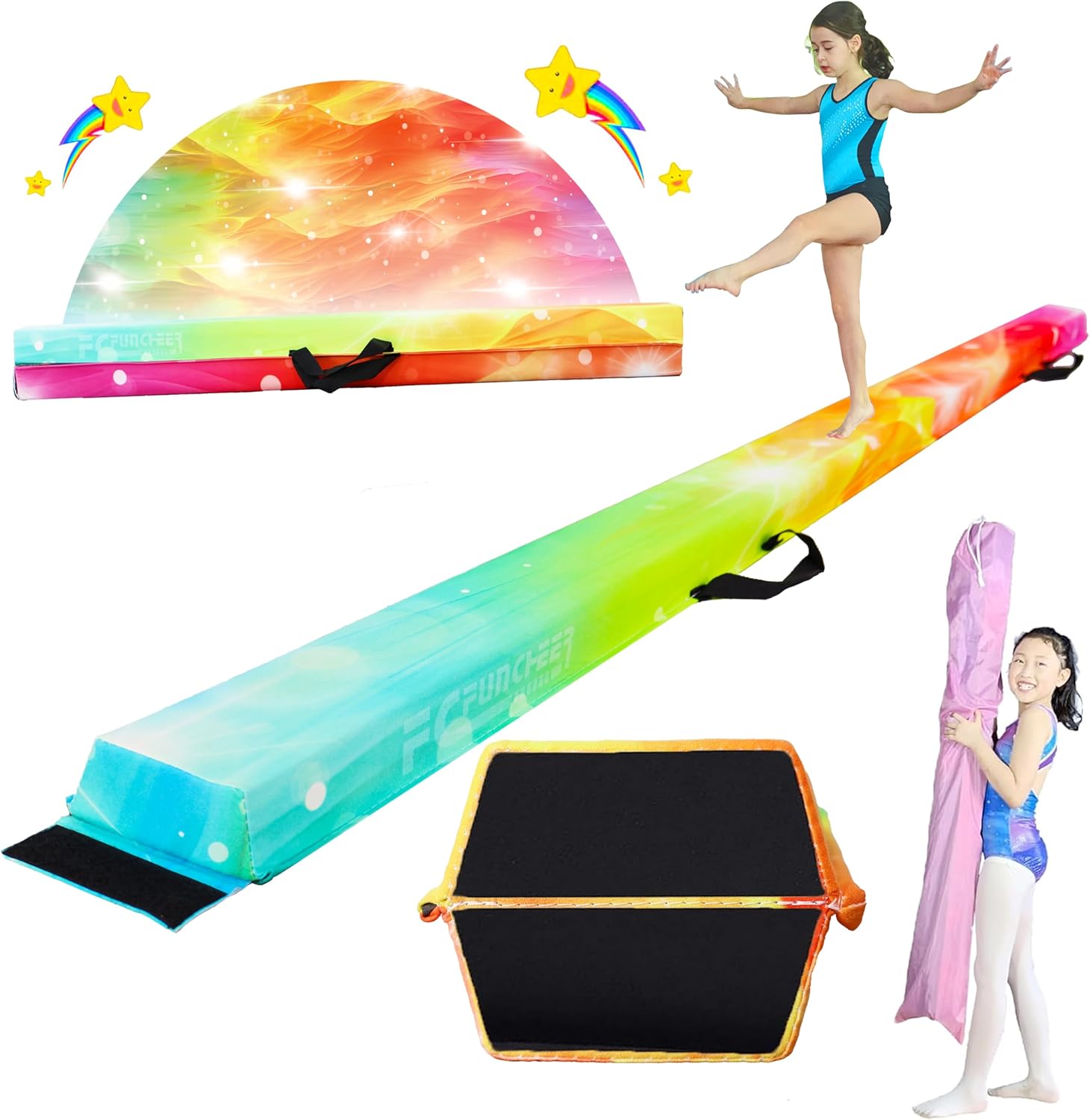 6FT/9FT Folding Balance Beam for Kids ages 3-15- Foldable Gymnastics Floor Beam,Anti-Slip ,Carrying Bag, Faux Suede Covered,EVA foam,Gymnastics Equipment for Kids Training At Home,School,Gym Center 8FT Faux Suede Starlight Rainbow