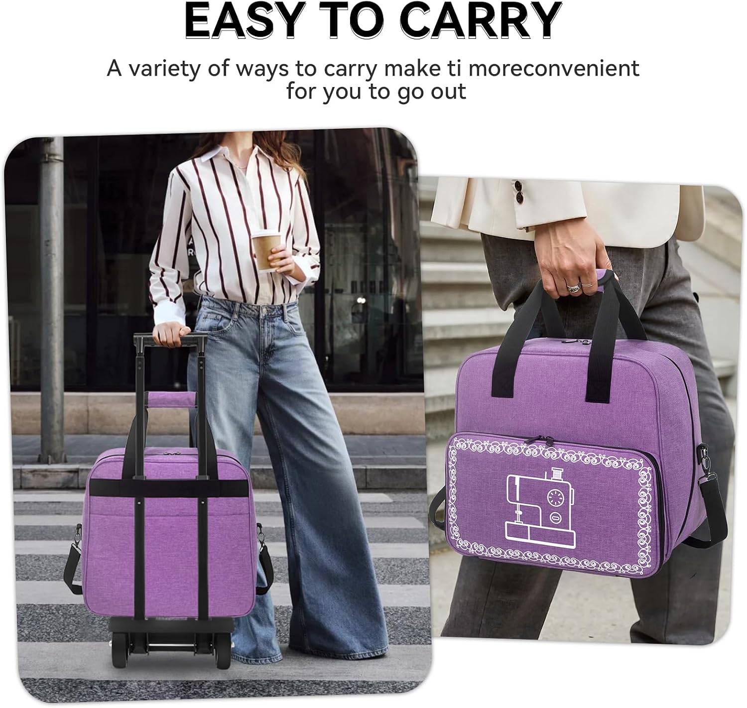 Sewing Machine Case with Wheels, Detachable Rolling Sewing Machine Tote Bag, with Machine Case Fixing Rope - Fit Most Standard Sewing Machine - Printed purple