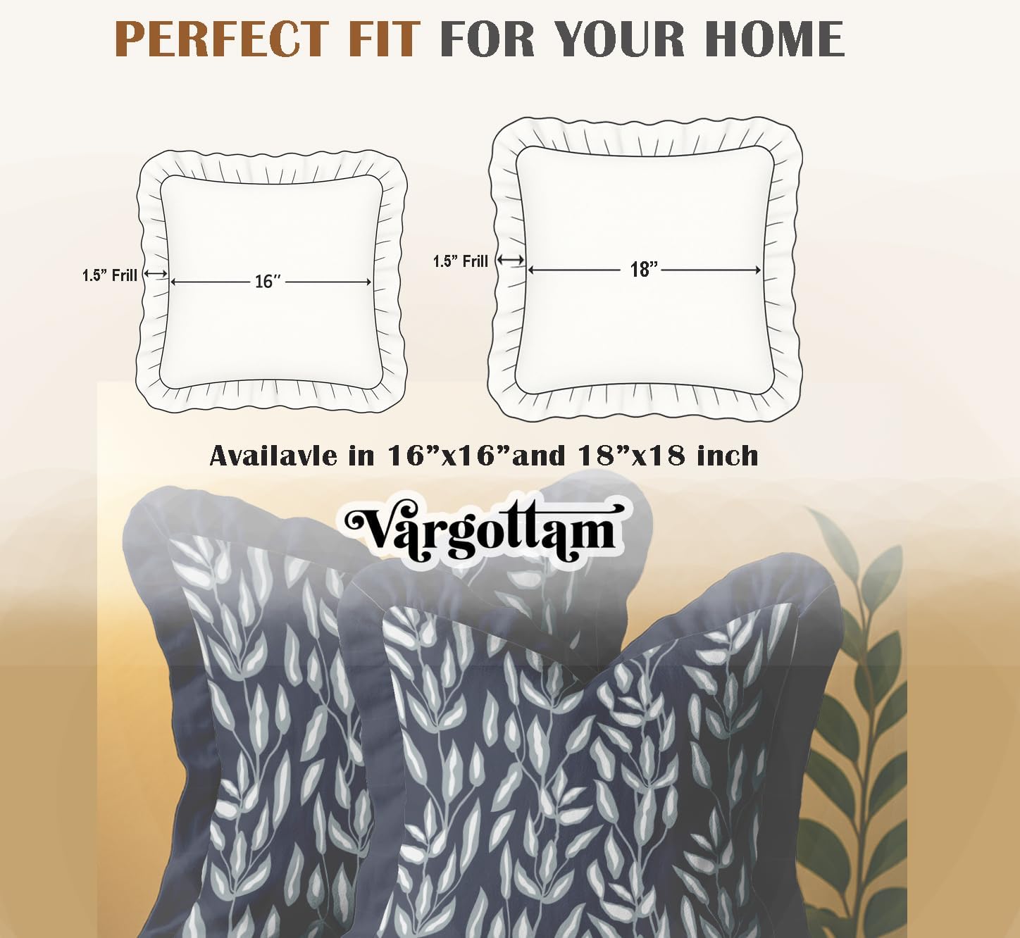 Farmhouse Style Frill Pillow Covers 16x16 Cotton Cushion Covers Set of 2, Leaves Pattern, Double Side Printed, Zipper Closure