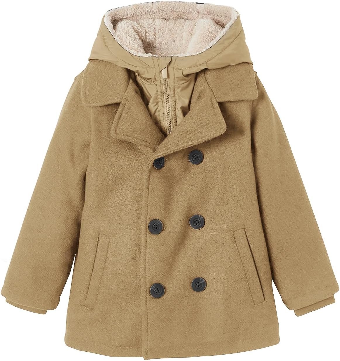 Boy's Camel Double-Breasted Hooded Pea Coat