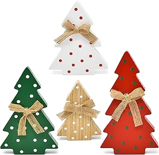 Gift Boutique - 4 Christmas Trees Wooden Table Decorations Centerpiece Block Holiday Tree Red Green White Wood Color Tiered Tray Tabletop Sign Decor 4 Sizes for Home Xmas Wood Party Supplies