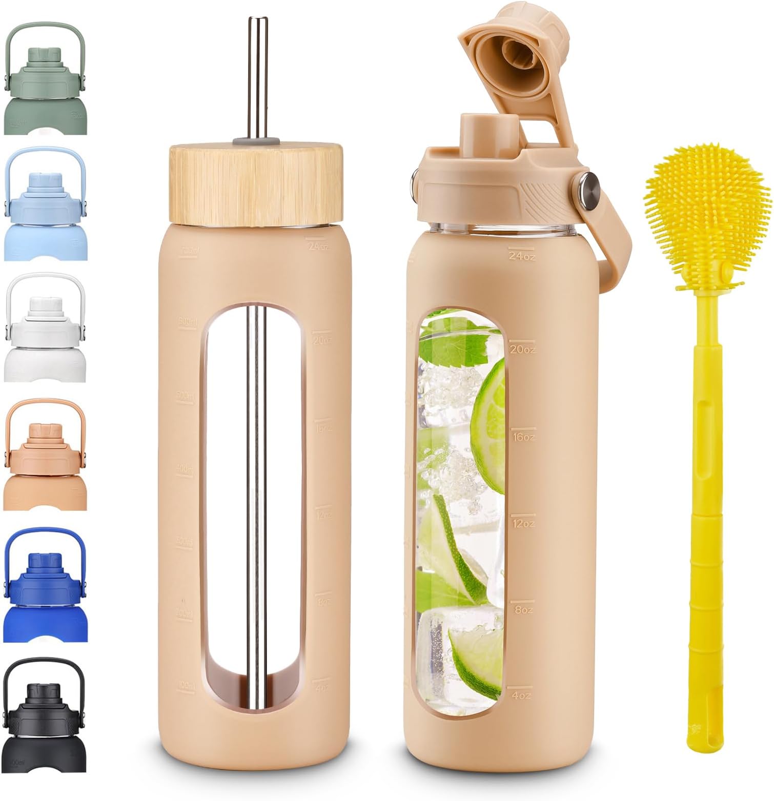 24 oz Glass Water Bottles with Straw and Lid 1 Liter Borosilicate Glass Tumbler With Silicone Sleeve and 2 Lids, Handle Spout & Bamboo Straw Lid, Leakproof BPA Free for Gym, Office, Home & Travel