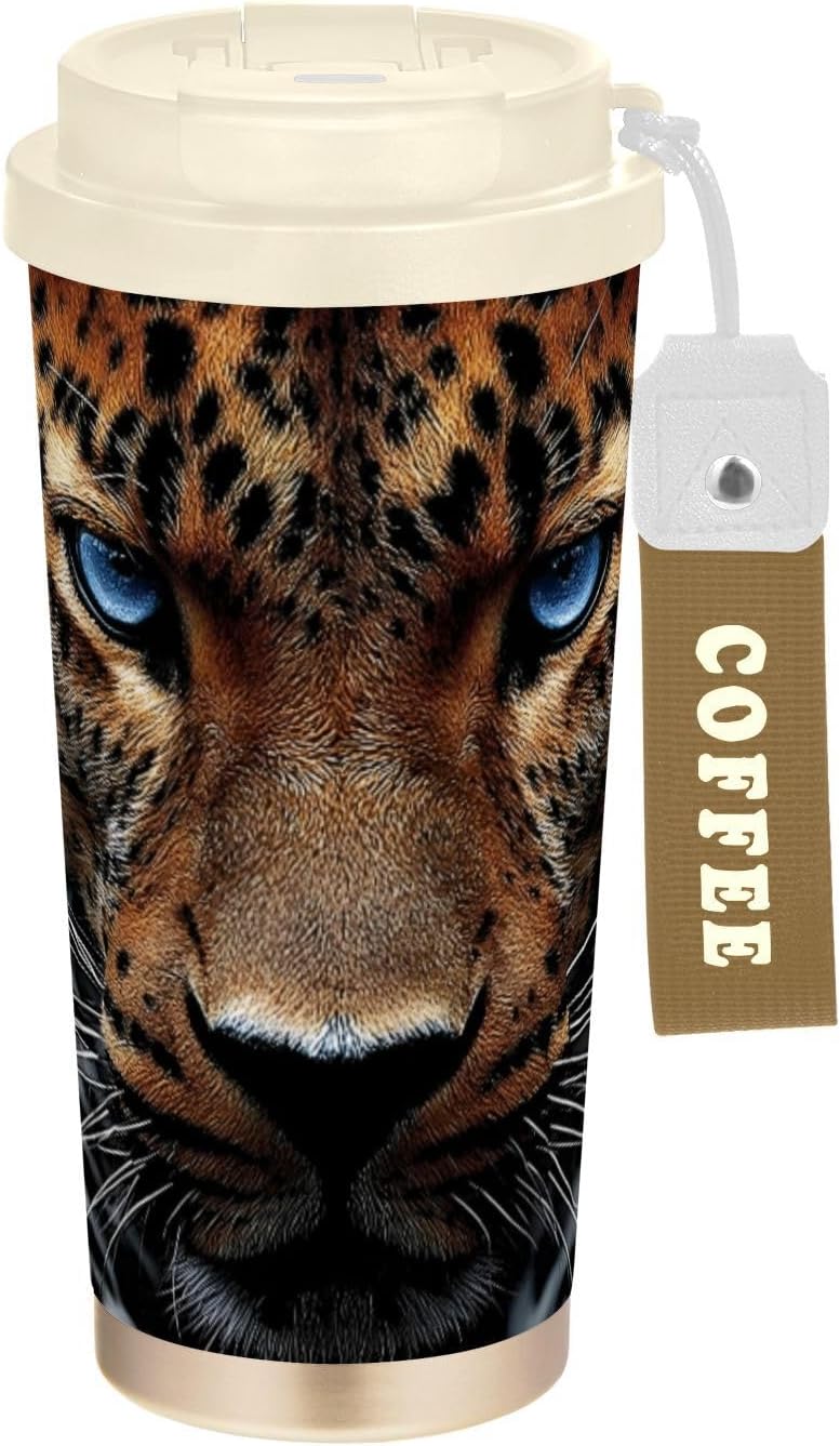 Cheetah Portrait Insulated Coffee Mug with Straw & Flip Lid, 16.9oz Iced Tumbler Cup, Double Wall Vacuum Mug for Travel Office