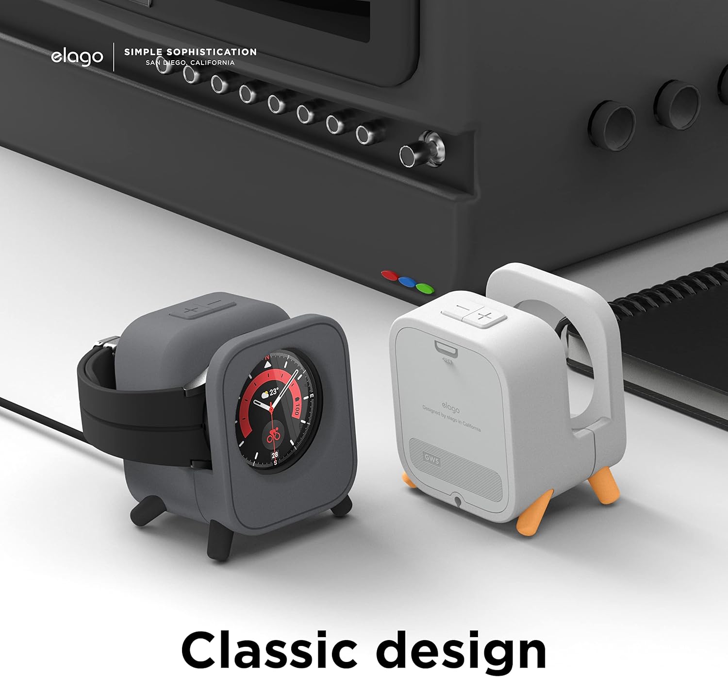 elago GWT5 Charging Stand Compatible with Samsung Galaxy Watch 8, 7, 6/6 Classic, 5/5 Pro (40, 43, 44, 45, 47mm) Classic Speaker Design - [Charging Cable Not Included] [Dark Grey] - Image 7