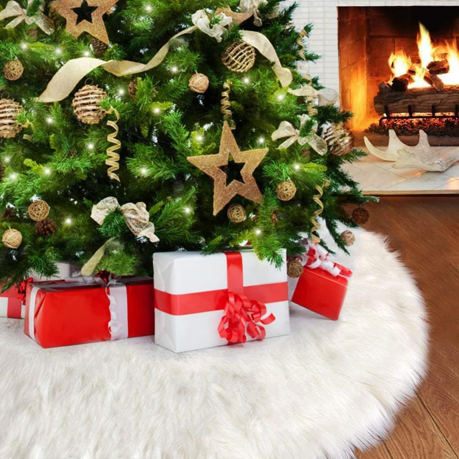 Christmas Tree Skirt, 36 Inch White Faux Fur Christmas Tree
