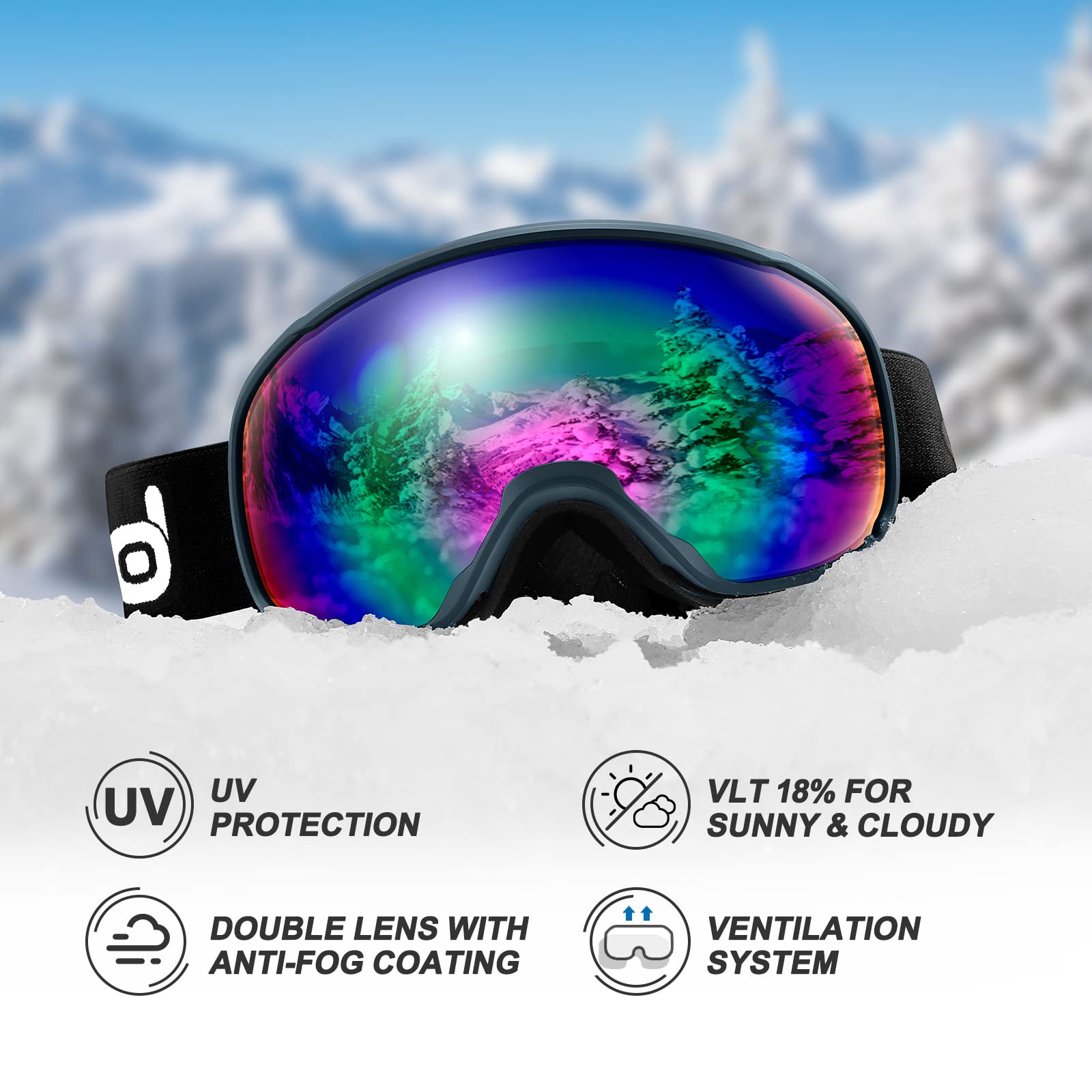 Odoland Zestaw kasków i gogli narciarskich, okulary snowboardowe dla mężczyzn, kobiet i młodzieży, odporne na wstrząsy, wiatroszczelne akcesoria do jazdy na nartach, snowboardzie