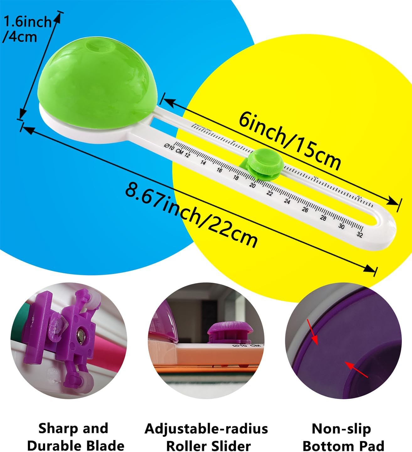 Portable Paper Circle Cutter,Cut Circles Paper of Any 4to12.6inch Diameter,Adjustable Craft Cutting Tools,Replaceable Blades,for Paper Crafts Scrapbooking,Christmas and Birthday Gifts(1Pcs,Green)