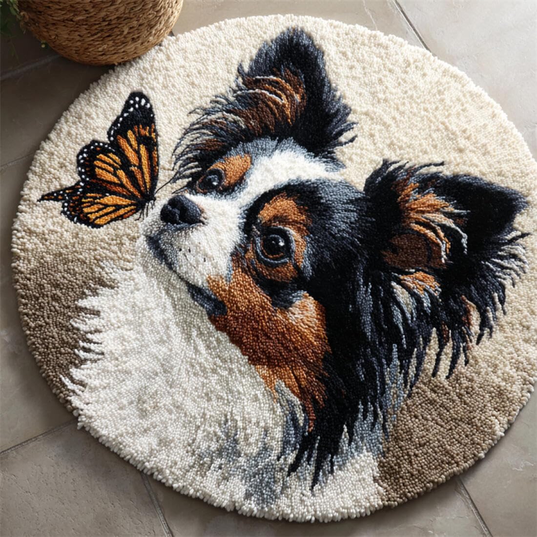 Rqwybcaxn DIY Rug Latch Hook Kits for Teens Animal Needlework Kit Cartoon Papillon 80x80cm Round Tapestry with Crochet Hook Study Craft Gift