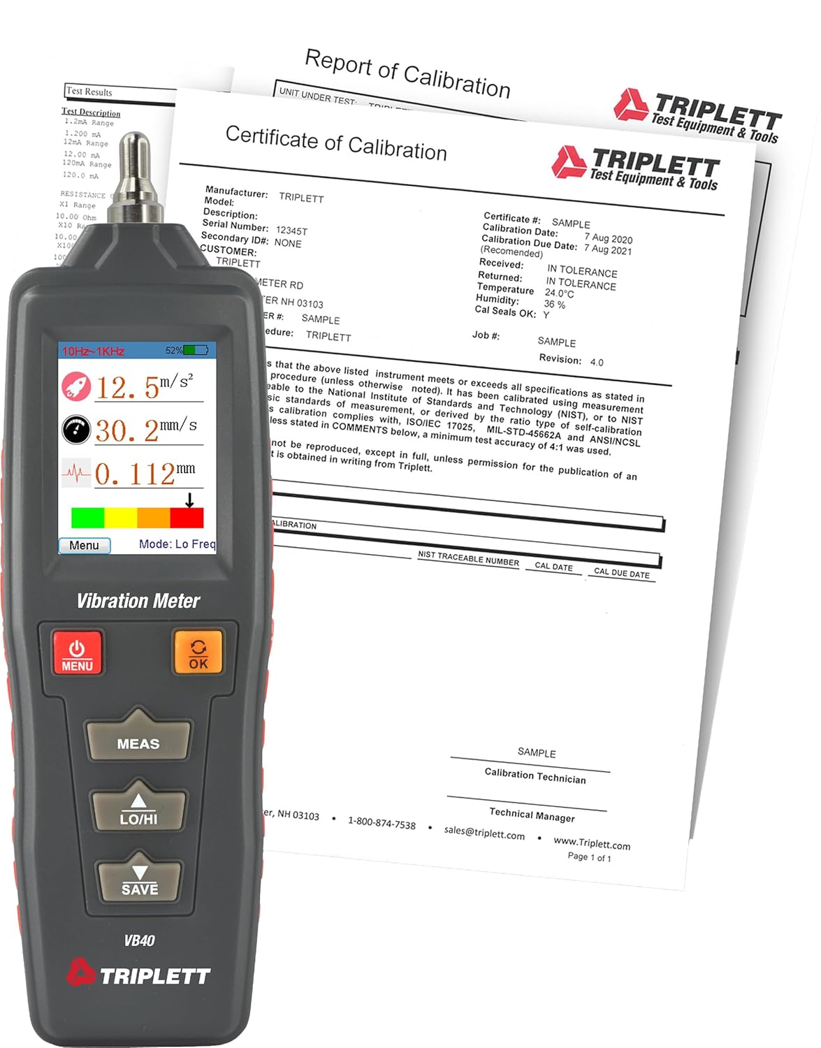 Triplett VB40 Vibration Meter and Datalogger - Acceleration, Velocity (RMS), and Displacement