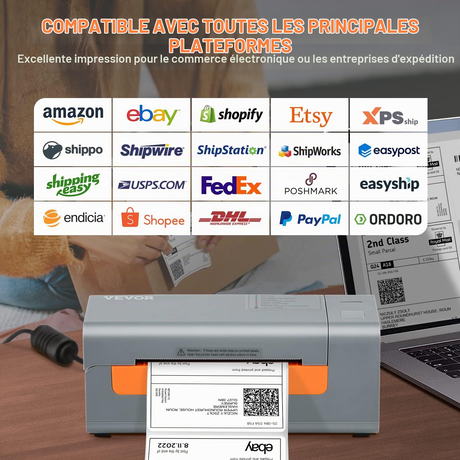 VEVOR Imprimante d'Étiquettes Thermique Direct 4x6 Code à Barres USB Haute Vitesse 150 mm/s 203 dpi pour Colis Expédition Compatible avec Amazon/Ebay/Etsy/UPS Prise en Charge Windows/MacOS/Linux Gris