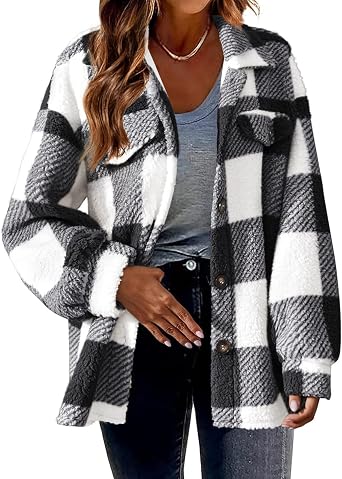 Fall Jackets 2025 Fleece Jacket Women Plaid Flannel Button Down Long Sleeve Sherpa Outerwear Fuzzy Winter Coats