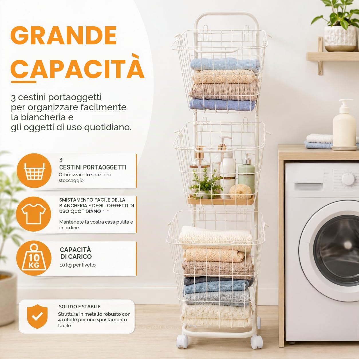 Cesto portabiancheria a 3 scomparti, con 4 ruote e cestini rimovibili | Cestino per bucato in metallo a 3 livelli, bianco. Capacità di 22 libbre per scaffale. Cassetti rimovibili con maniglie
