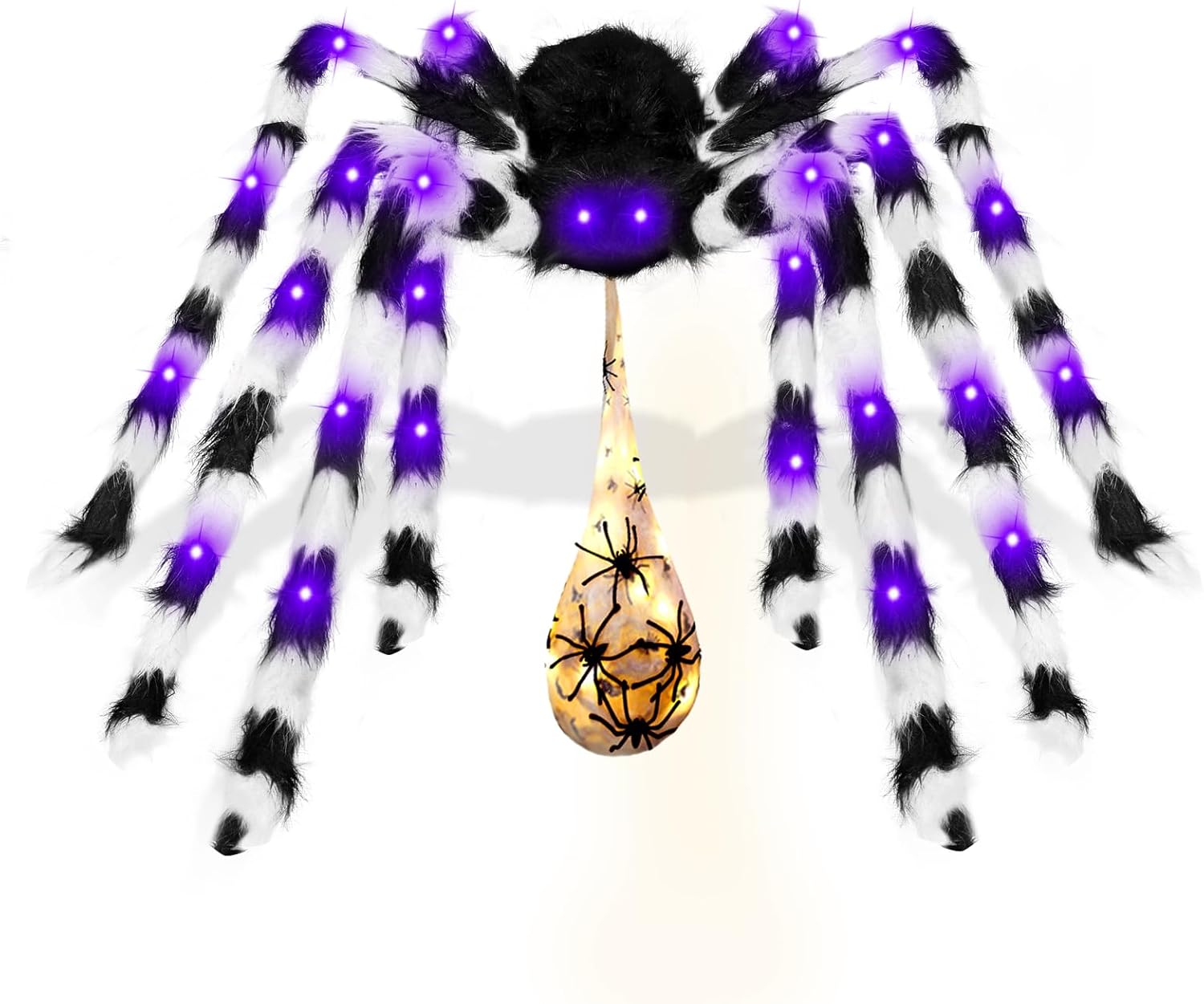 3イン1ハロウィンのクモデコレーションセット、50インチの巨大なクモの吊り下げ、20インチのライトアップスパイダーエッグ、合計36個