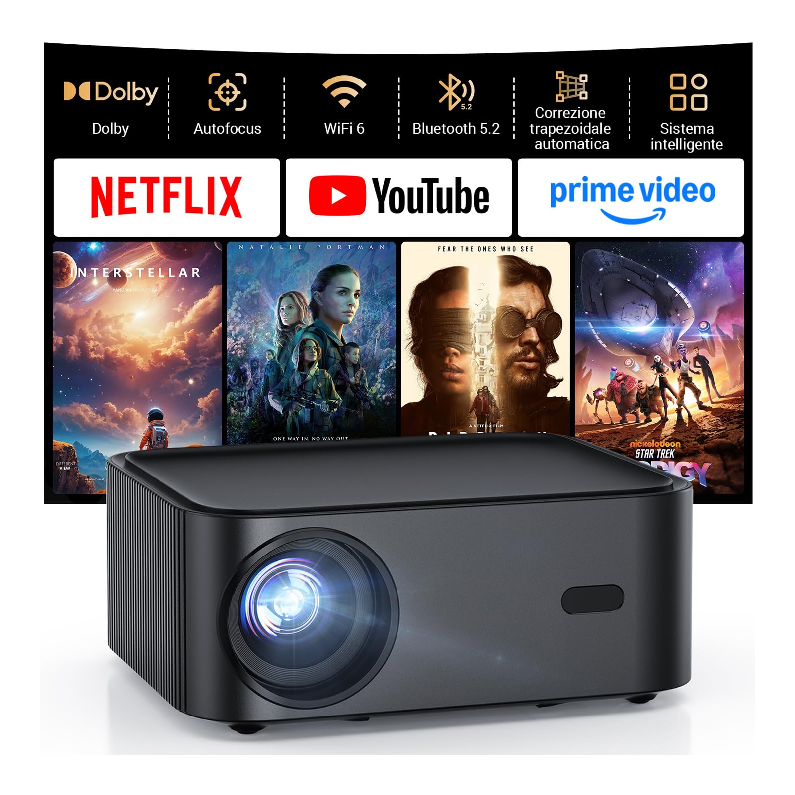 Proiettore 4k【Compatibile con Netflix /1000 ANSI/Dolby Audio】HAPPRUN Nativo 1080P Videoproiettore Smart TV WiFi 6 e Bluetooth 5.2 Projector Portatile da Esterno per PS5/Outdoor/Home Theater