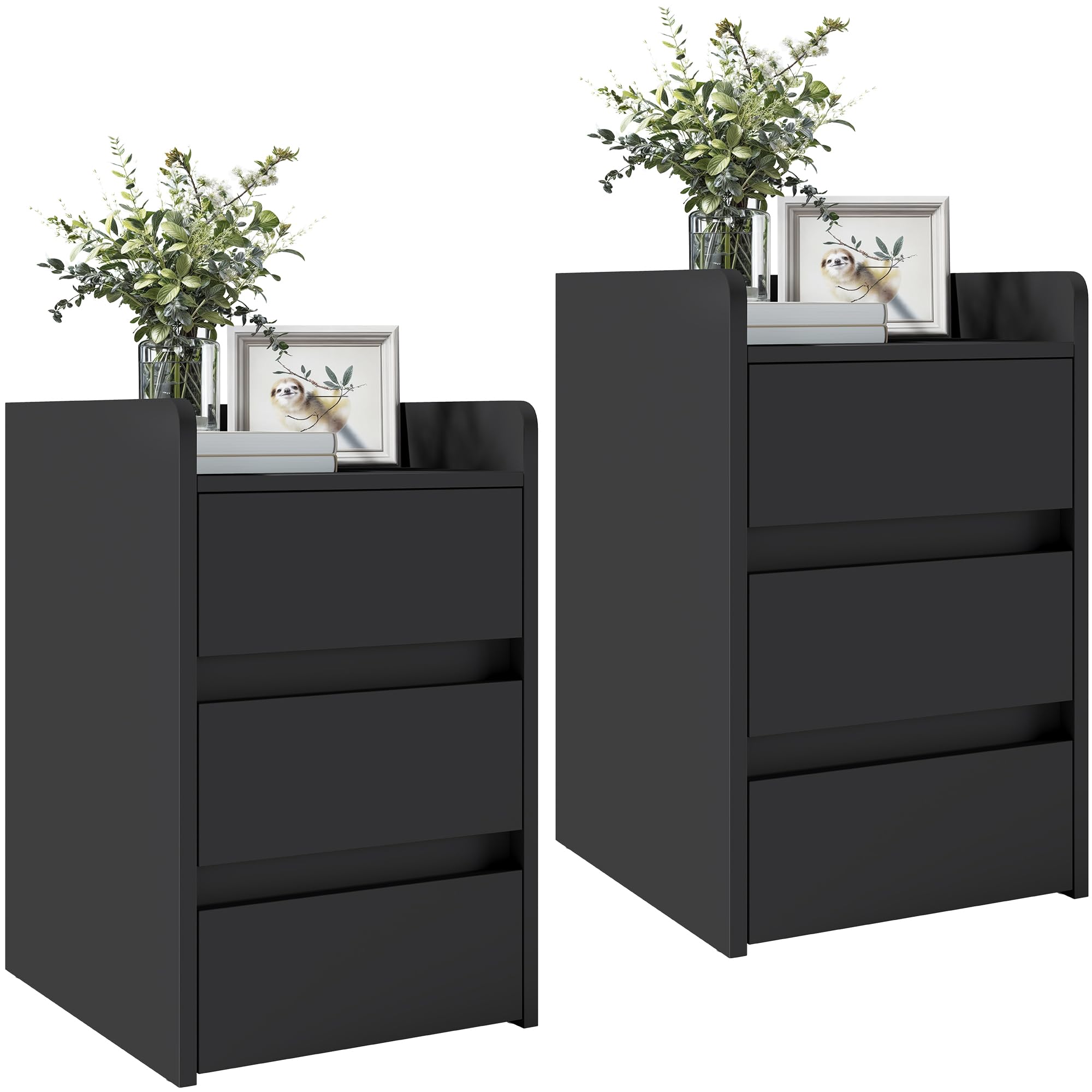 YITAHOME Bedside Table 3 Drawers Charging Station Nightstand Set of 2 Black