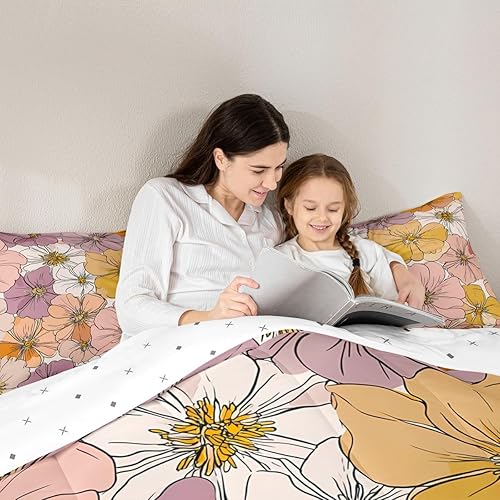 Miniatura 6 de Groovy - Juego de edredón de flores de los años 60, 70 y 80, color rosa, morado, amarillo, juego de ropa de cama retro floral bohemio para niños y