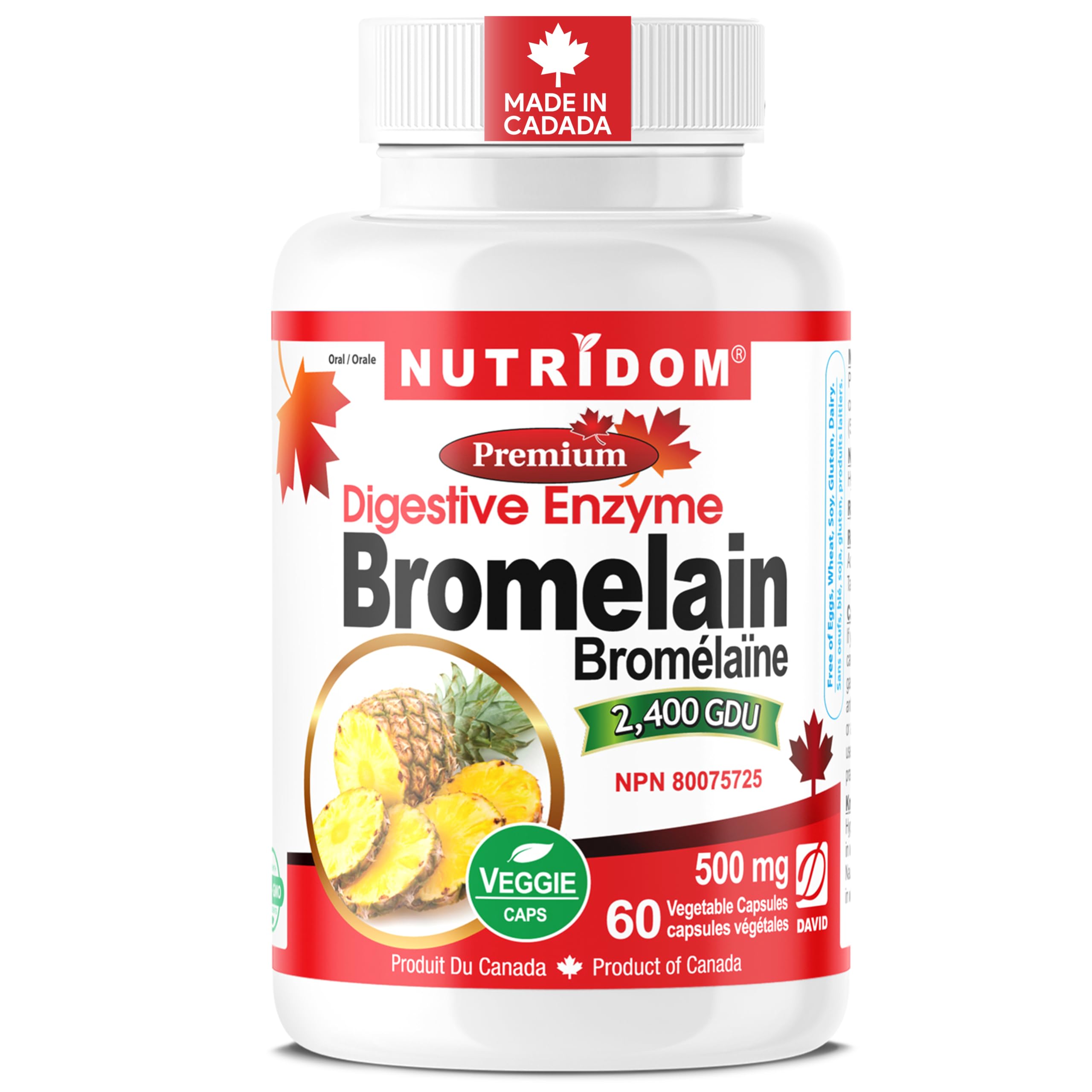 Nutridom Bromelain Digestive Enzyme Pineapple Supplements, 2400 GDU, 500mg, Non-GMO, Vegan, Free of Gluten, Soy & Dairy (60 Count)