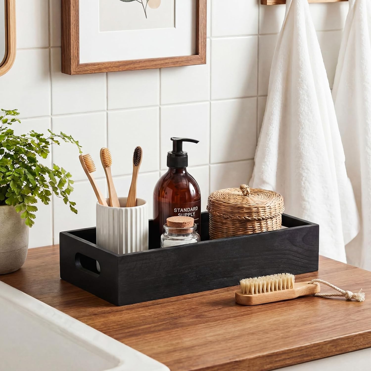 2 Pcs Bathroom Basket Wooden Toilet Tank Paper Basket with Handle Black Bathroom Decor Box Back of Toilet Storage Organizer for Bedroom Vanity Kitchen Countertop Dresser Shelf Decor
