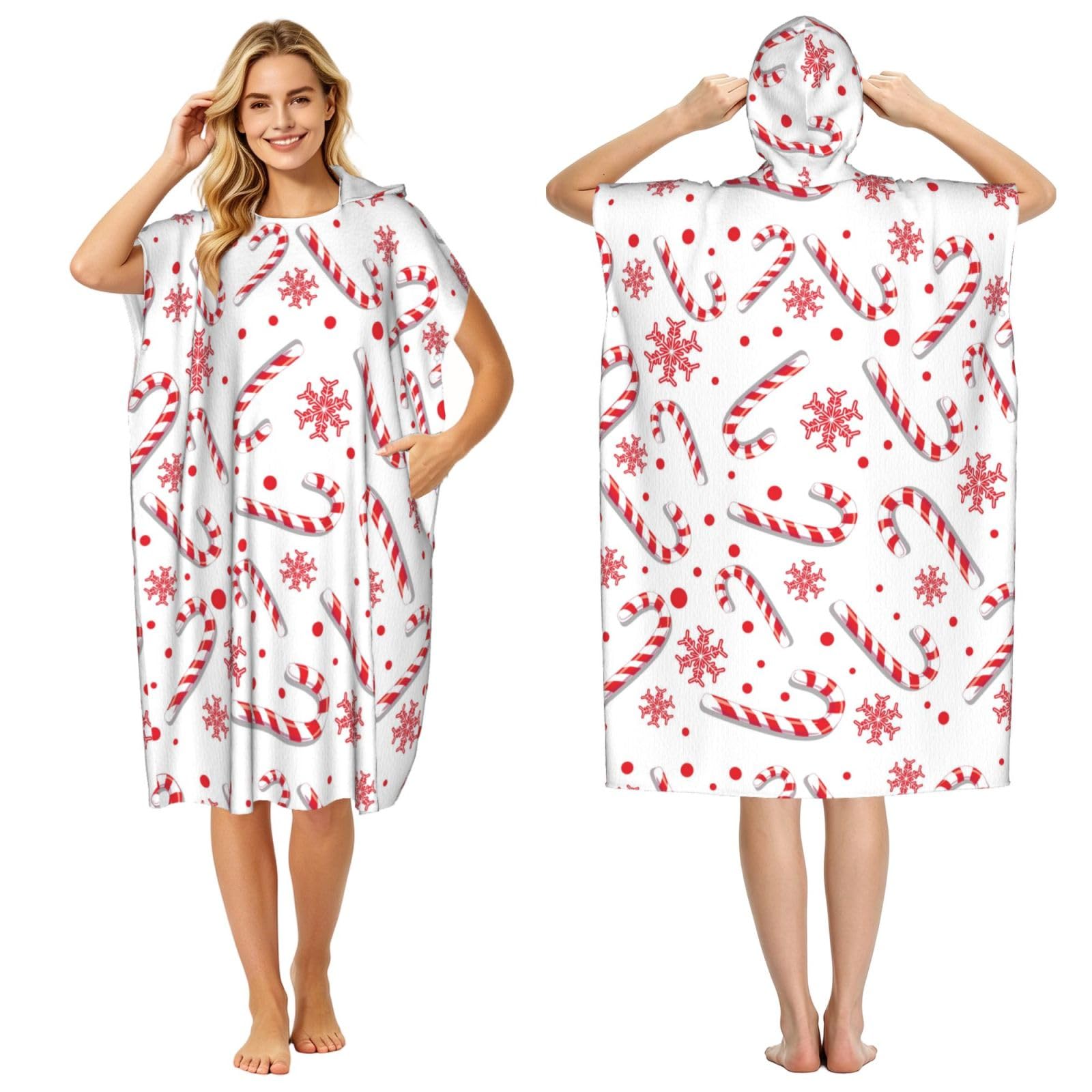 Poadnly Christmas Red Candy Cane, Adult Hooded Beach Towel 90 x 110 cm,Changing Bath Robe, Surf Poncho Towel For Women Men