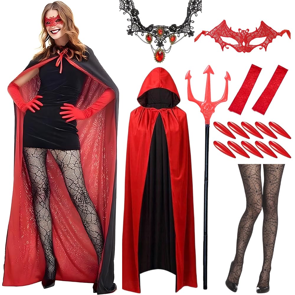 Pack De 17 Piezas De Disfraz De Diabla Para Mujer – Capa Roja Y Negra Reversible Con Tridente Y Accesorios De Halloween