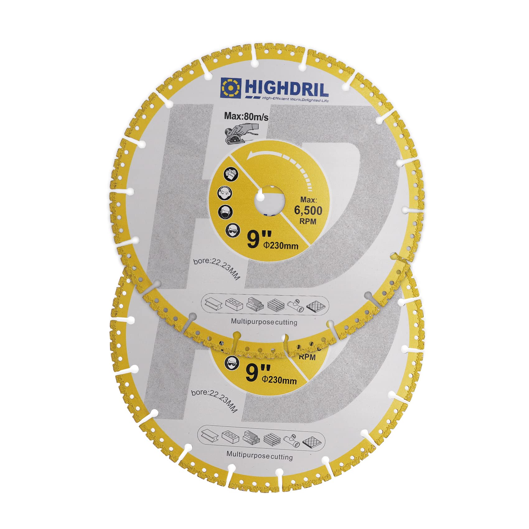HIGHDRIL Diamond Metal Cutting Blade - 2pcs 230mm/ 9inch Heavy Duty All-Purpose Cutting Disc for Rebar Sheet Metal Angle Iron Stainless Steel Granite Marble