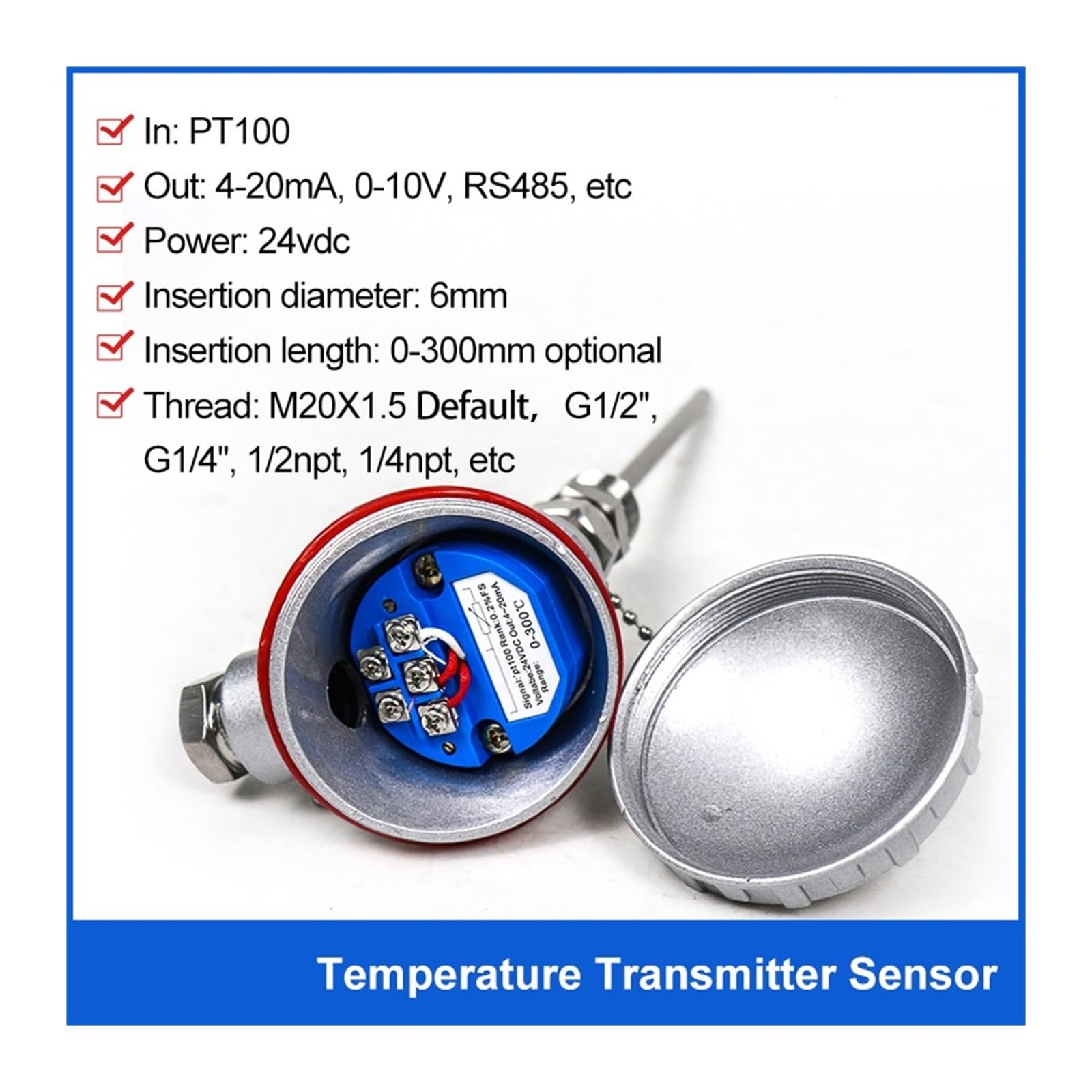 Sensor de Temperatura de Control de Temperatura del Calentador de Resistencia térmica PT100(0-100 Degree 4-20mA)