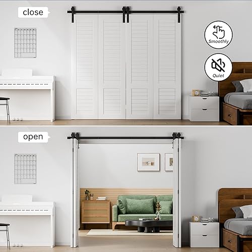 Miniatura 5 de BONIKLUBA Kit de herrajes para puerta corrediza de granero de 52 pulgadas para 4 puertas suave y silenciosa rodillo en forma de J negro puertas no