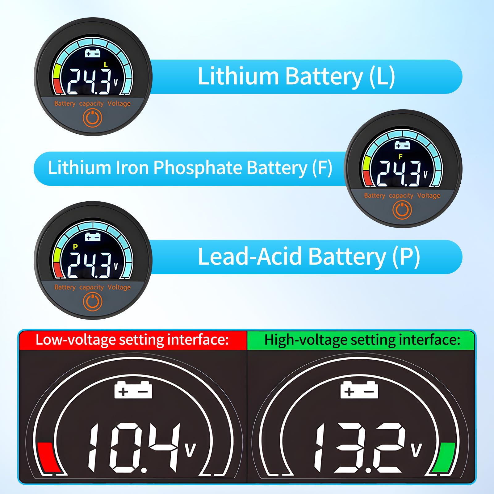 diymore Guardiana batteria 12 V 24 V 36 V 48 V 60 V 72 V 84 V, IP67 impermeabile monitor della capacità della batteria DC 7 – 100 V per batterie al litio e al piombo acido, con allarme estivo per