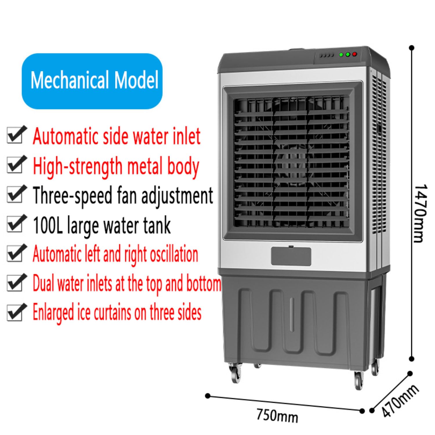 100L refrigeratore d'aria portatile con serbatoio di ghiaccio, aria condizionata evaporativa a 3 velocità per grandi stanze, design oscillante e funzionamento silenzioso per il comfort interno all'ape