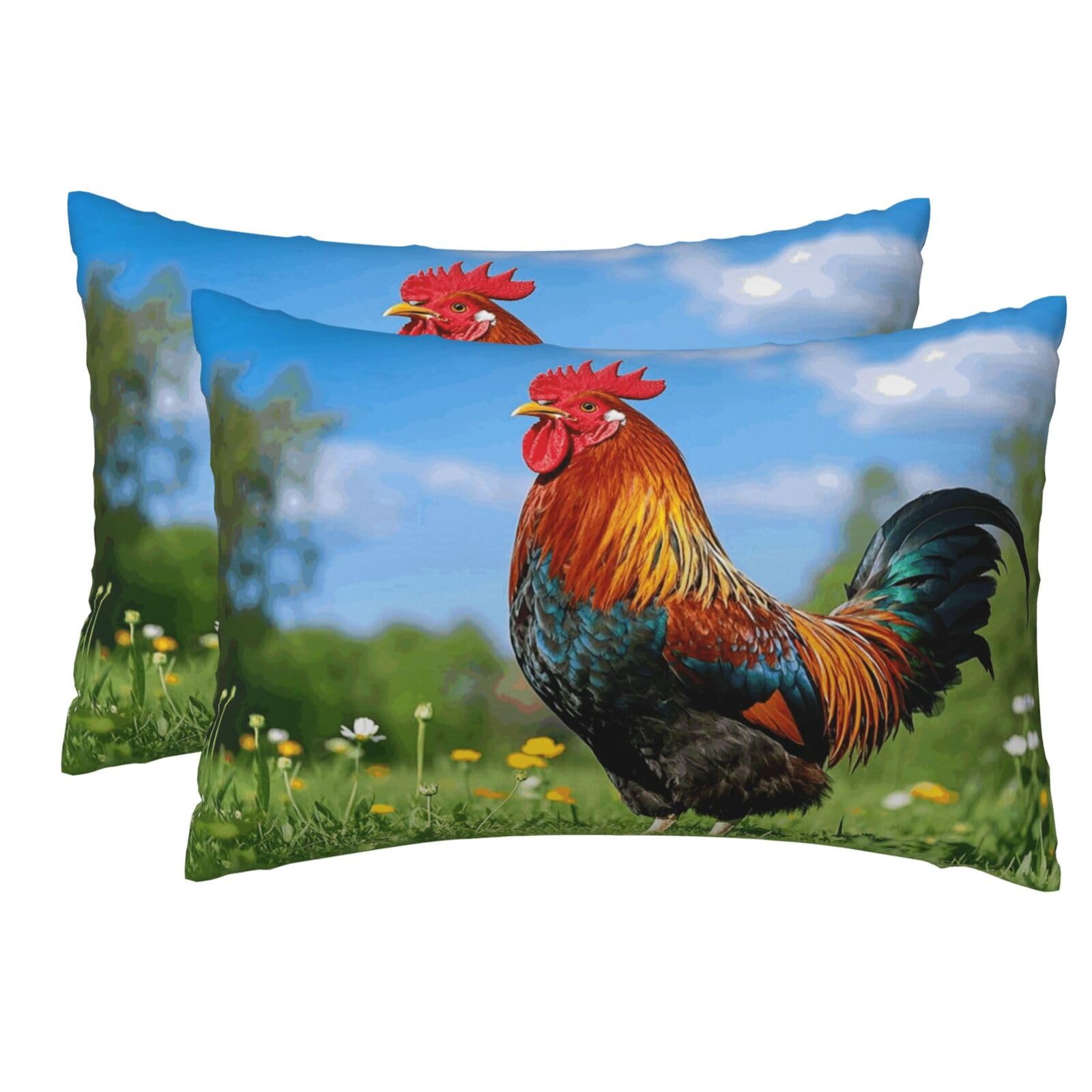 2 Pack Pillow Cases with Hidden Zipper, Soft Breathable Pillow Covers for Hair and Skin, Rooster Pillowcases 12"x18" Bed Pillow Protectors Cover for Sleeping Gifts