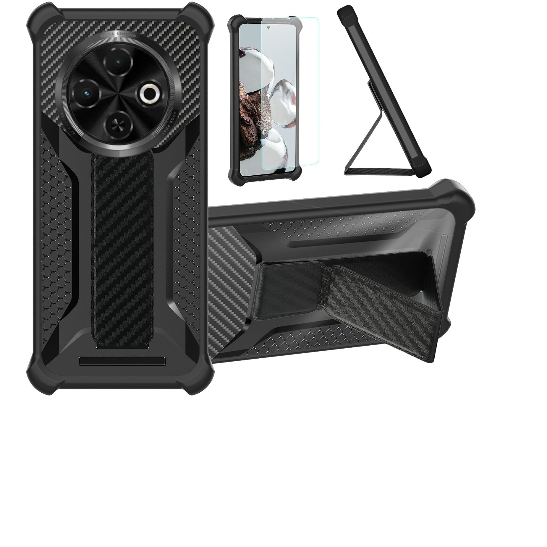Aroepurt Case Compatible for Tecno Spark 30C Phone Case Stand Cover [with Tempered Glass Screen Protector] Hybrid Case [Folding Support Magnetic] [Frosted Anti-Fingerprint] Black
