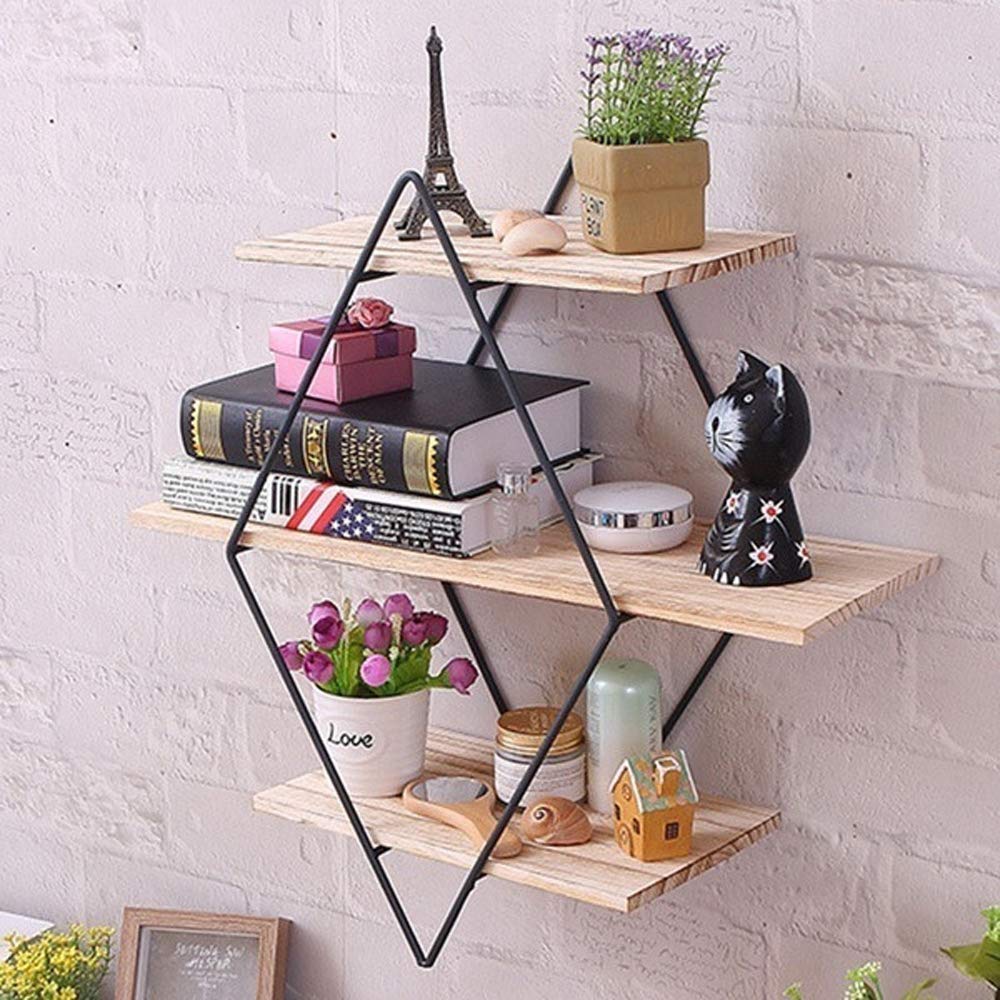 Roloiki Vintage Iron Metal Wood Wall Storage Shelf Rack Industrial