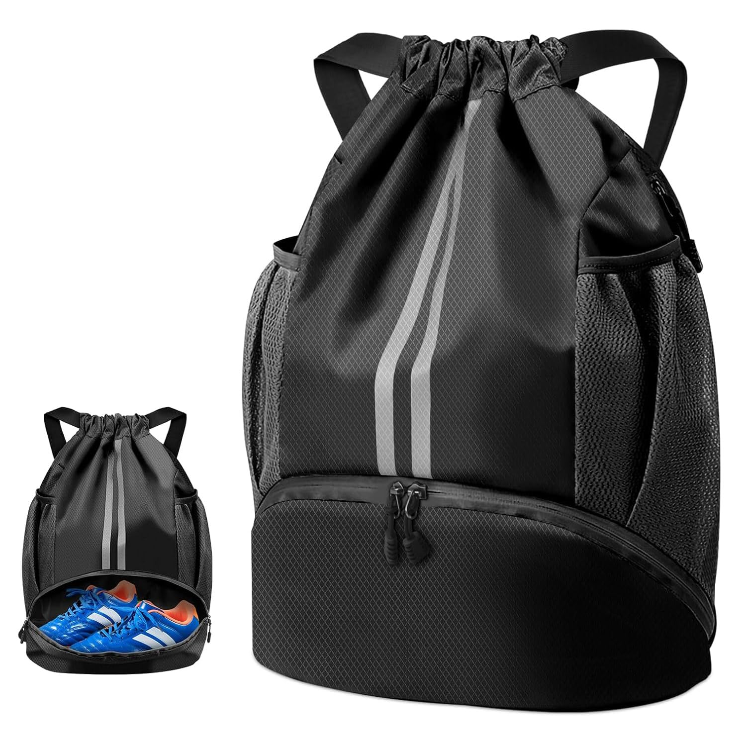 Drawstring Backpack, Waterproof Sports Backpack, Large Gym Bag With Shoe Compartment and Water Bottle Mesh Pockets, for Sports School Beach Holidays Swimming Travel（black）