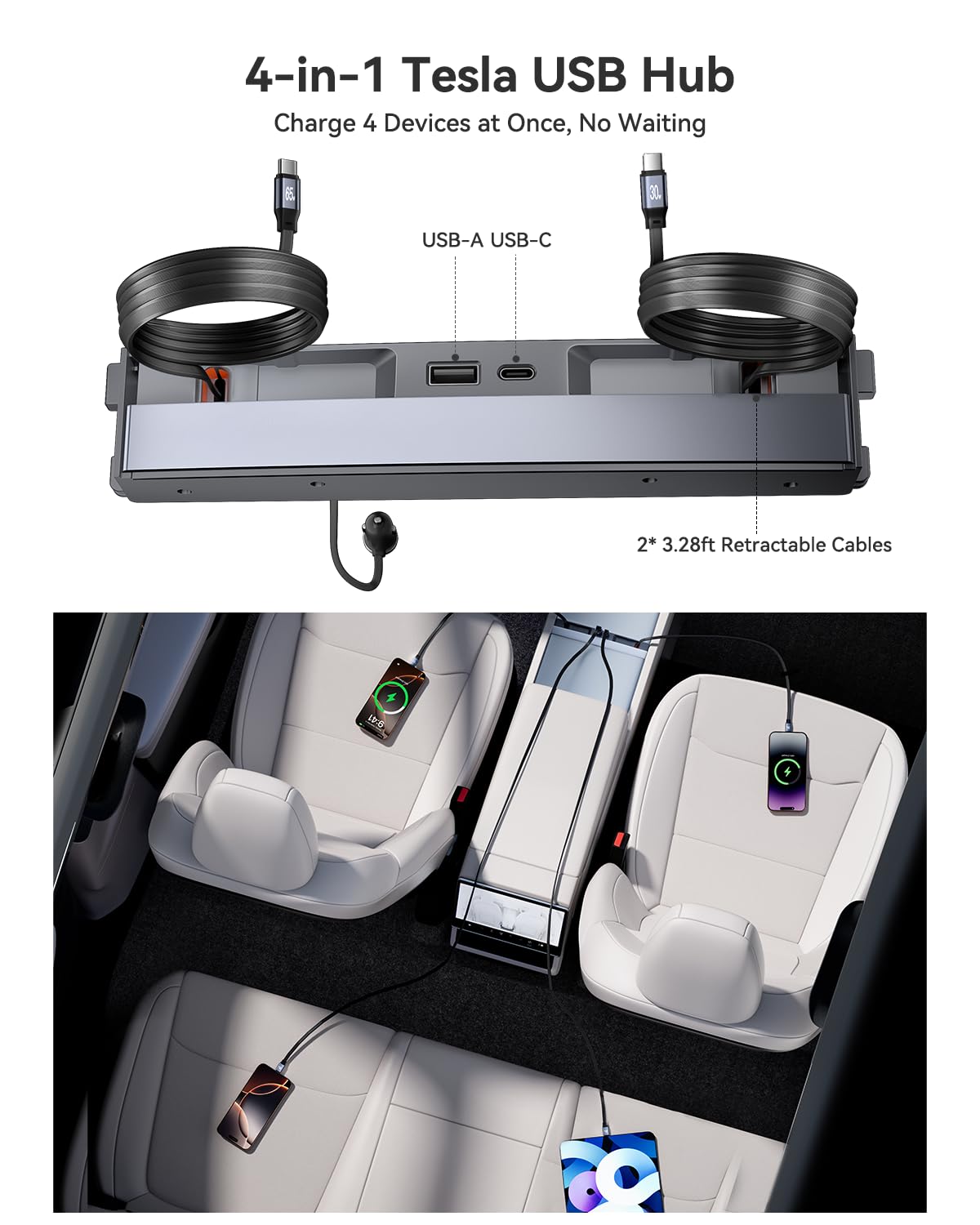YONZEE Cargador de teléfono USB 4 en 1 para Tesla Model Y Juniper 2026 2025 y Model 3 Highland 2024-2026, carga rápida de 65 W, estación de acoplamiento de consola central con 2 cables retráctiles de