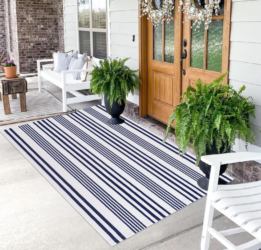 Tappeto per esterni blu e bianco, 9 x 1,5 m, in cotone intrecciato, lavabile, per portico, cortile, soggiorno