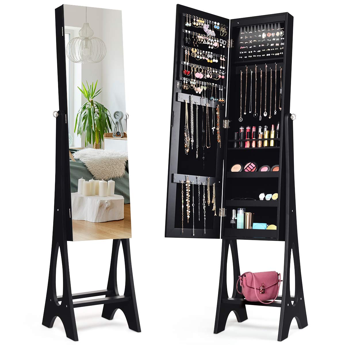 COSTWAY Schmuckschrank Standspiegel abschließbar, 2 in 1 Ganzkörperspiegel mit Schmuck Aufbewahrung, Spiegelschrank mit 12 LEDs freistehend (Schwarz)