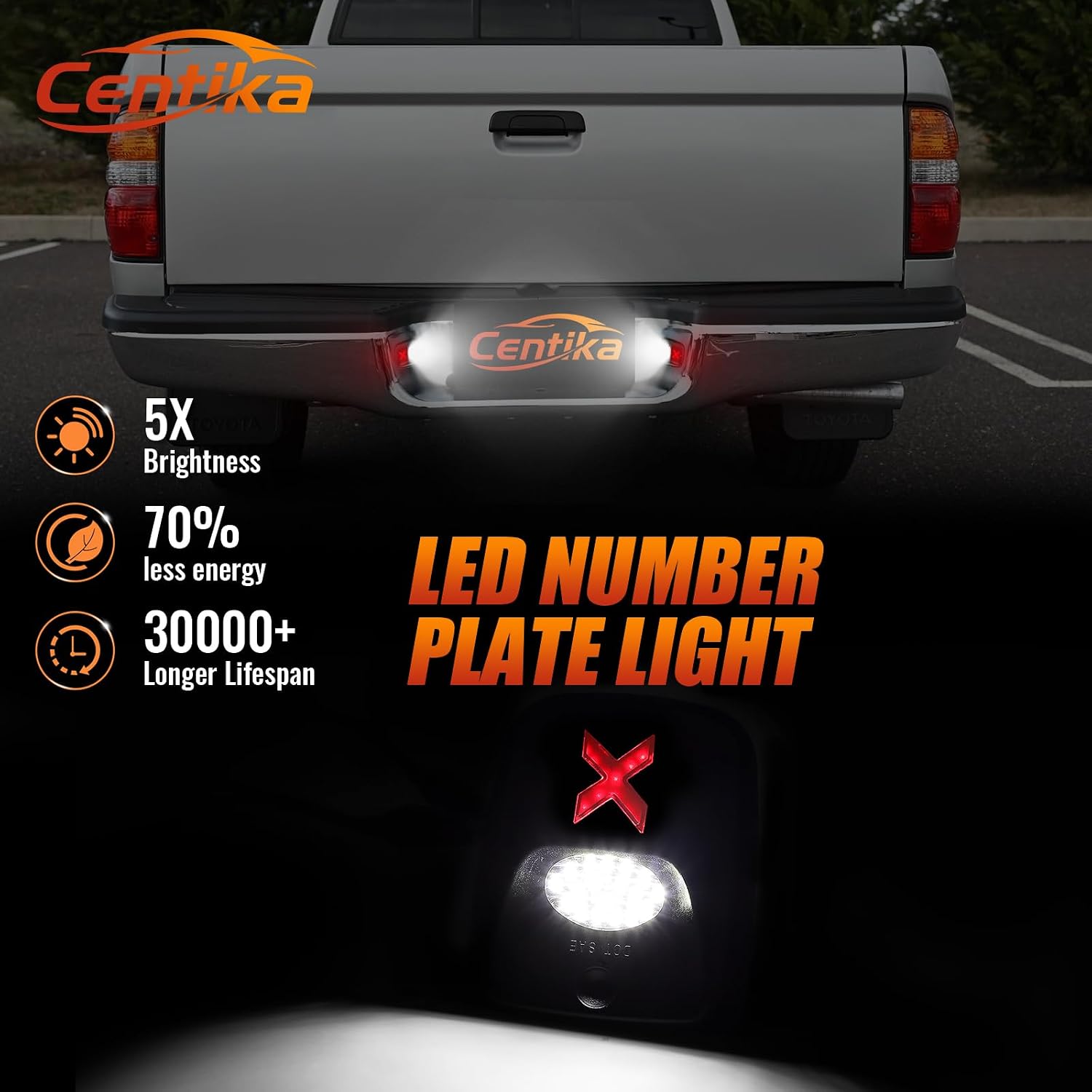 LED License Plate Lights Tag Light Lamp Assembly for Toyota Tacoma 1995-2004, 6000K Red-X White & Silvery Lens, Pack of 2 (Xstyle Patent Pending)