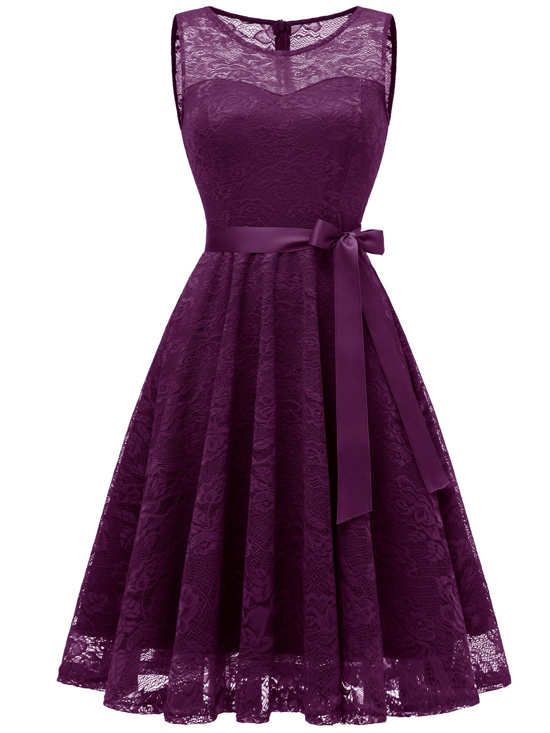 RS90050 Women's Vintage Floral Lace Dress Short Bridesmaid Dresses Scoop-Neck Cocktail Party Dress Grape S