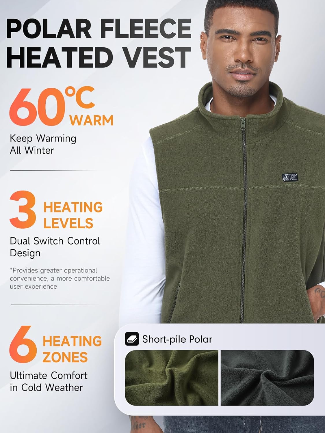 LABEWVI Men's Heated Vest with 10000mAh Battery, Lightweight Heating Electric USB Rechargeable Short-pile Polar Fleece Vest - Image 2