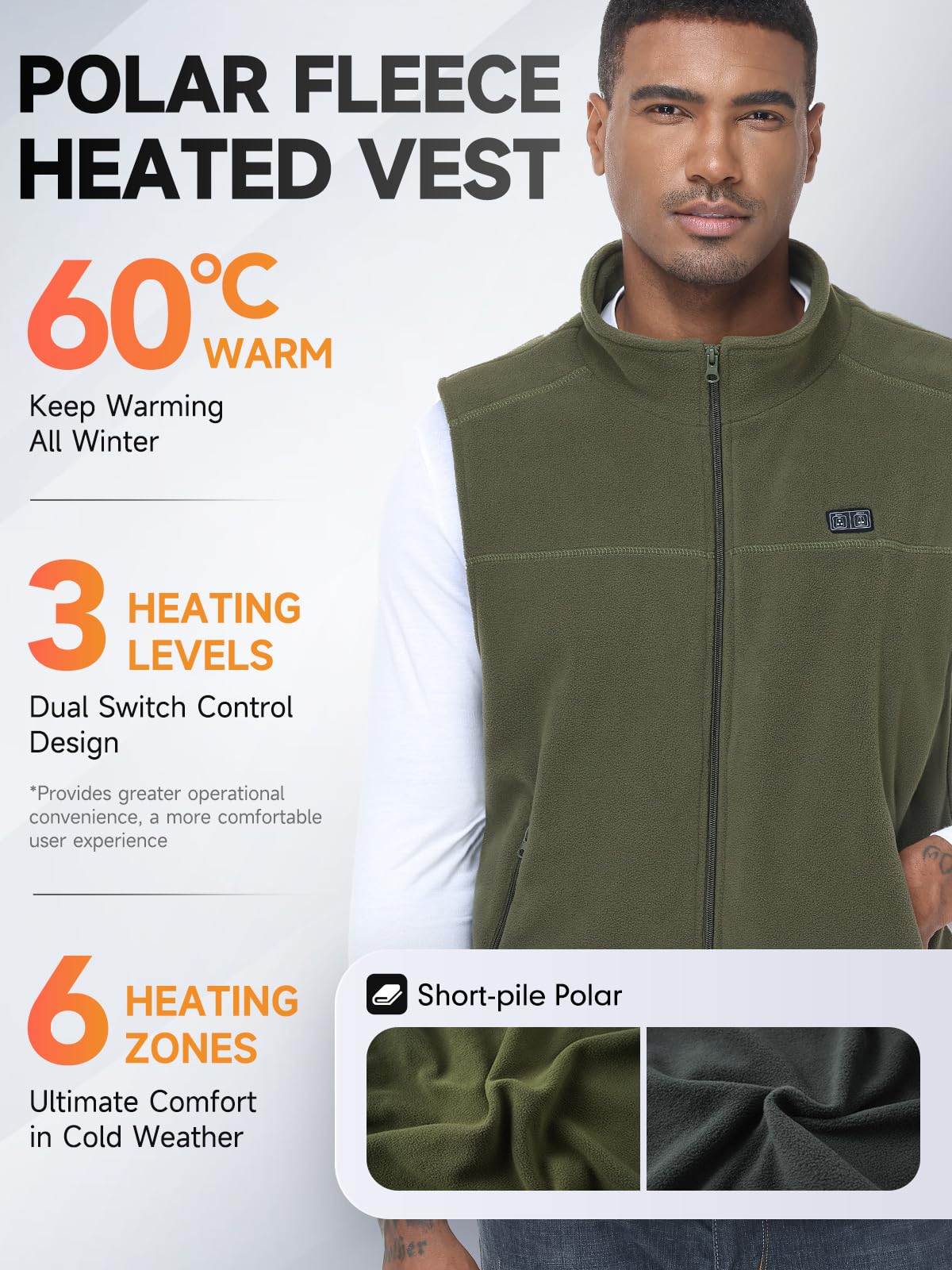 Gilet chauffant homme femme 10000mAh 5V USB micro polaire blouson chauffant avec batterie incluse manteau électrique 3 niveaux 6 zones chauffante hiver