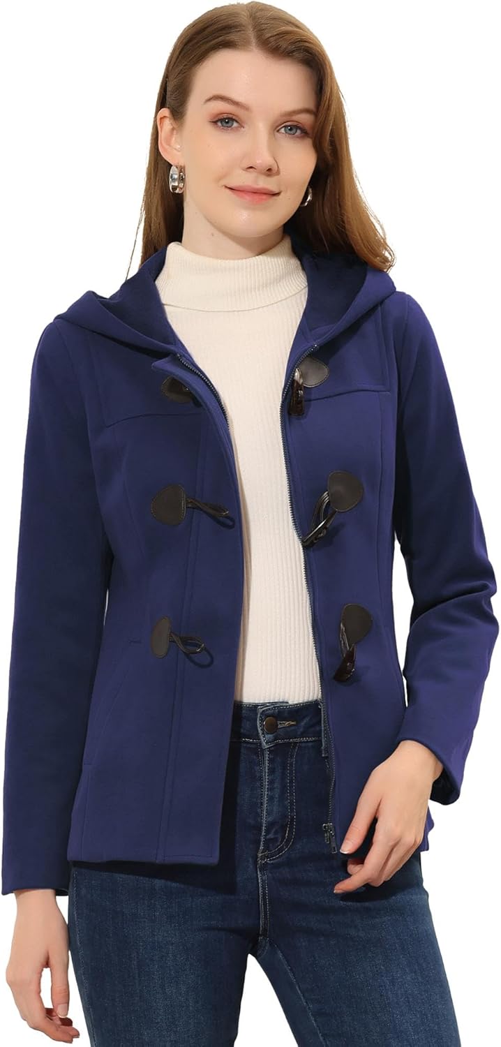 Allegra K Women's Casual Winter Outwear Hooded Button Peacoat Toggle Duffle Coat