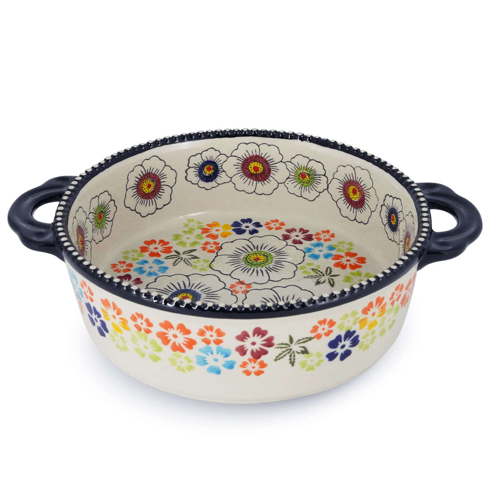 Ceramiczne naczynie do pieczenia do piekarnika, małe naczynie do zapiekania z uchwytami, piekarnik ceramiczny do pieczenia kolorowe kwiaty B-okrągłe 950 ml