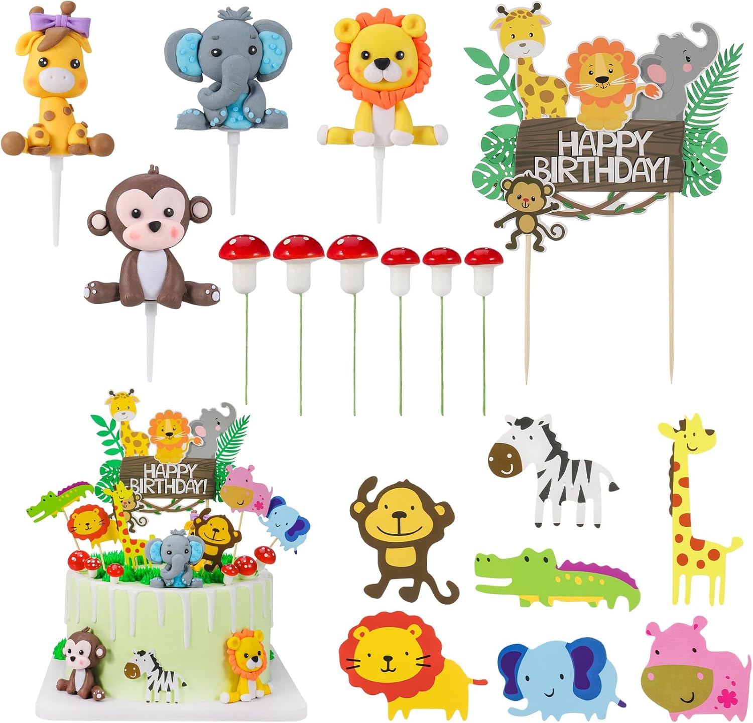 27-Piece Jungle Animal Cake Topper Set – Safari Elephants, Lions, Giraffes, Leaves & Happy Birthday Sign