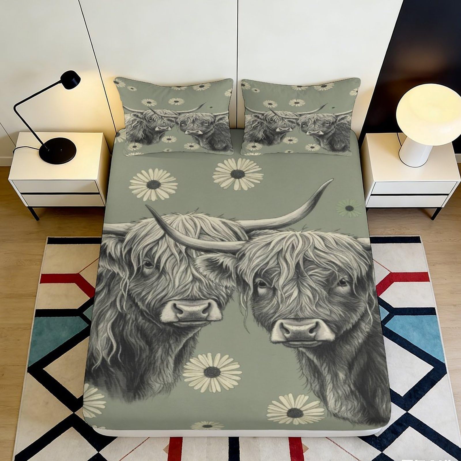 3D Printed Highland Cattle Fitted Sheet Microfiber Soft Breathable Floral Bed Cover for Bedroom Dormitory Guest Room Mattress Protection 160x200x25cm