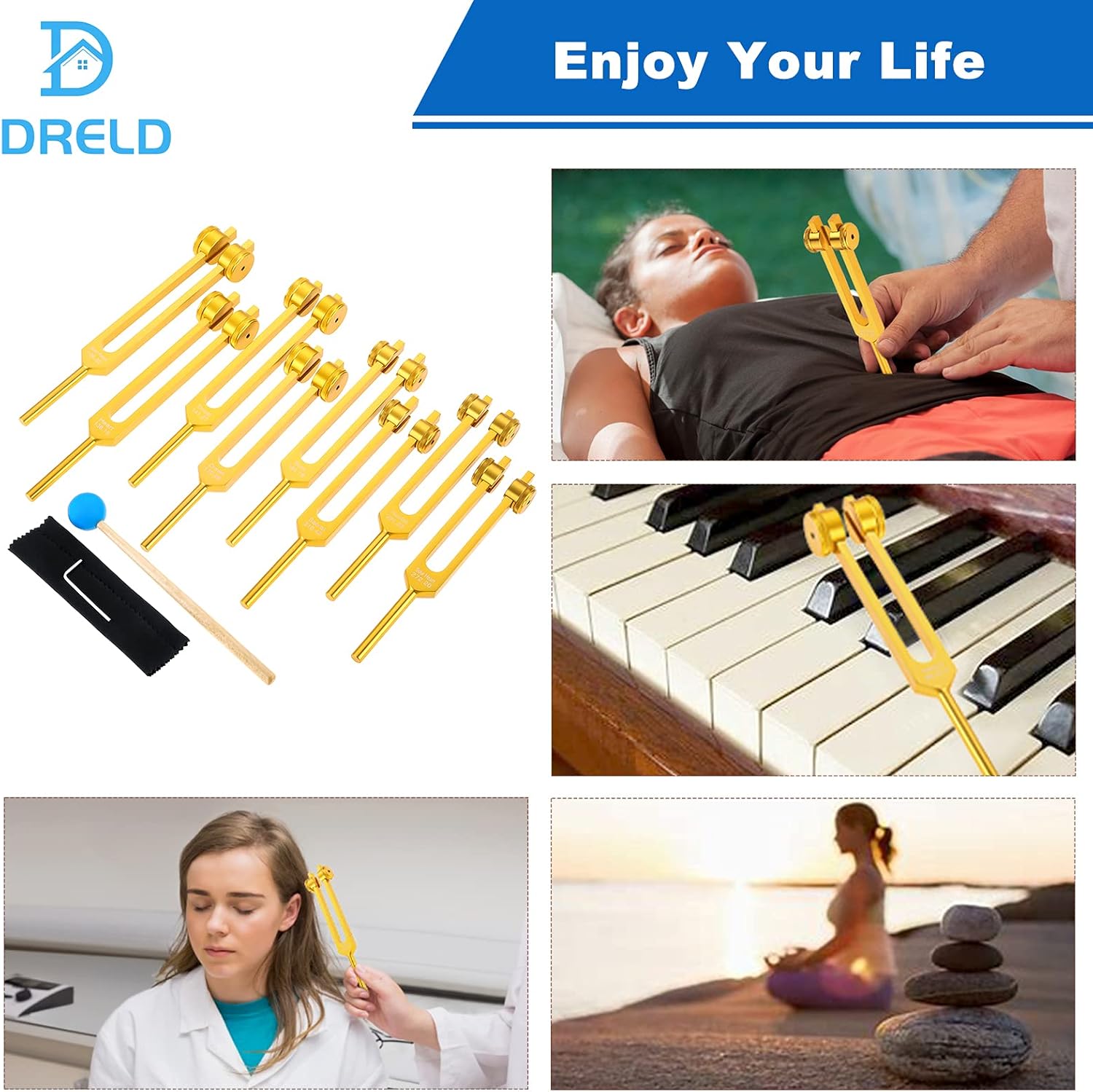 Chakra Tuning Forks Set, 7 Chakras + 1 Soul Purpose Weighted Golden Tuning Forks with Silicone hammer, Bag, Cleaning cloth, for Healing, Sound therapy, Musical Instrument, Balancing, Vibration : Musical Instruments