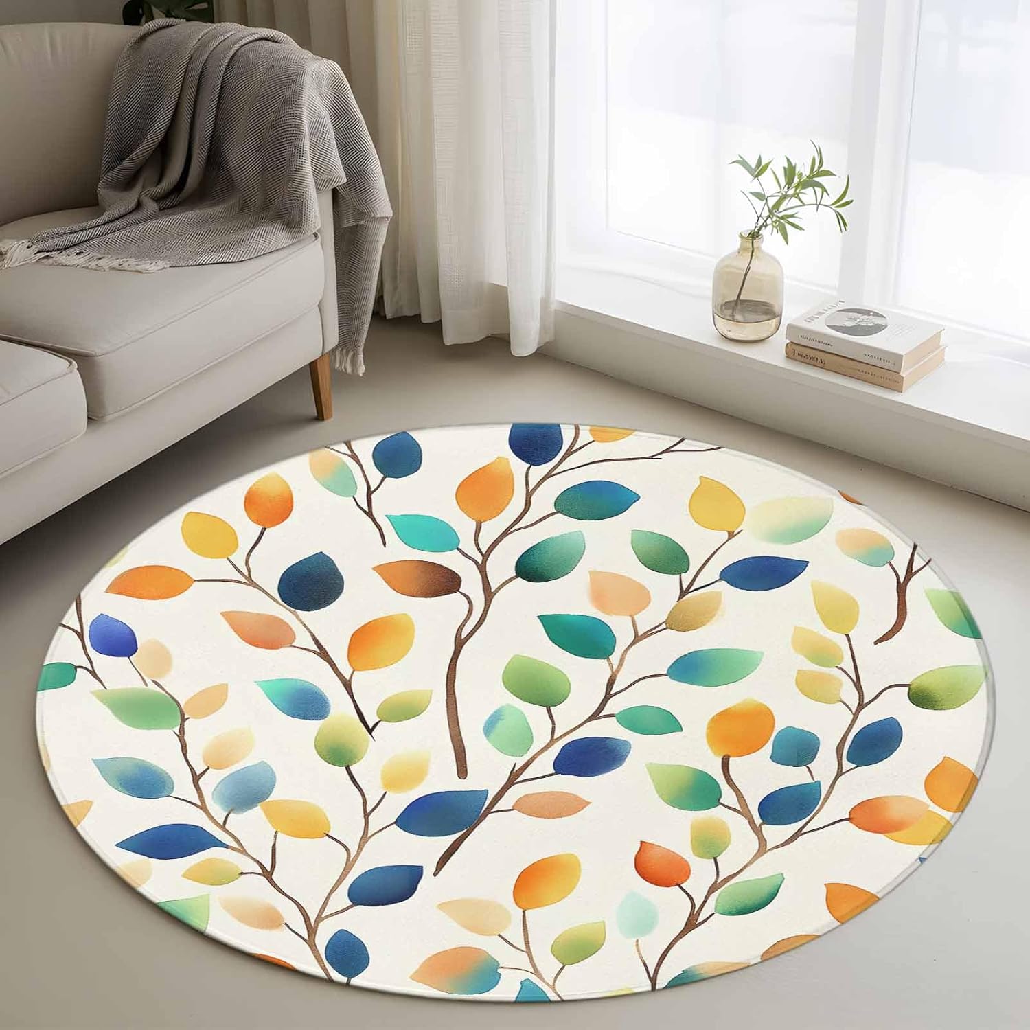 Round Rugs 3Ft, Colorful Leaf Washable Rug for Living Room Low Pile Indoor Floor Carpet, Spring Summer Botanical Vintage Non-Skid Bathroom Rug Kitchen Runner Rugs for Bedroom
